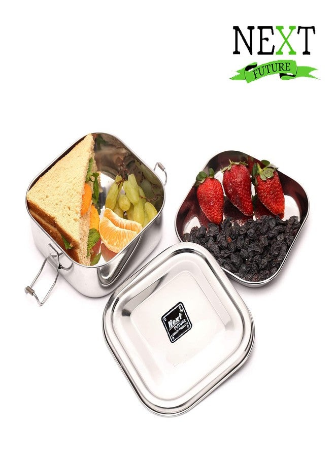 Next Future Stainless Steel Square Lunch Box/Food Pack, High Polish One Tier Tiffin Box for School and Office use with Steel Seperator Plate & Locking Clip - Small Size 11.5x11.5x5.5cm, 400ml - Image 5